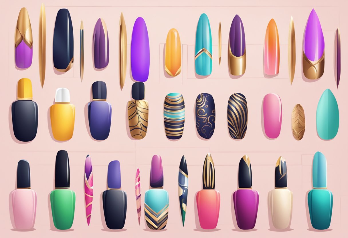 Una línea de tiempo de las tendencias del arte de las uñas, desde civilizaciones antiguas hasta diseños modernos, exhibida sobre un fondo colorido con varias formas y estilos de uñas.