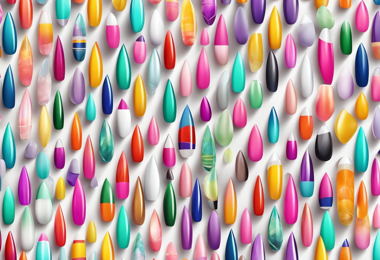 Una colorida variedad de uñas artificiales en diferentes formas y tamaños exhibidas sobre una superficie blanca y limpia