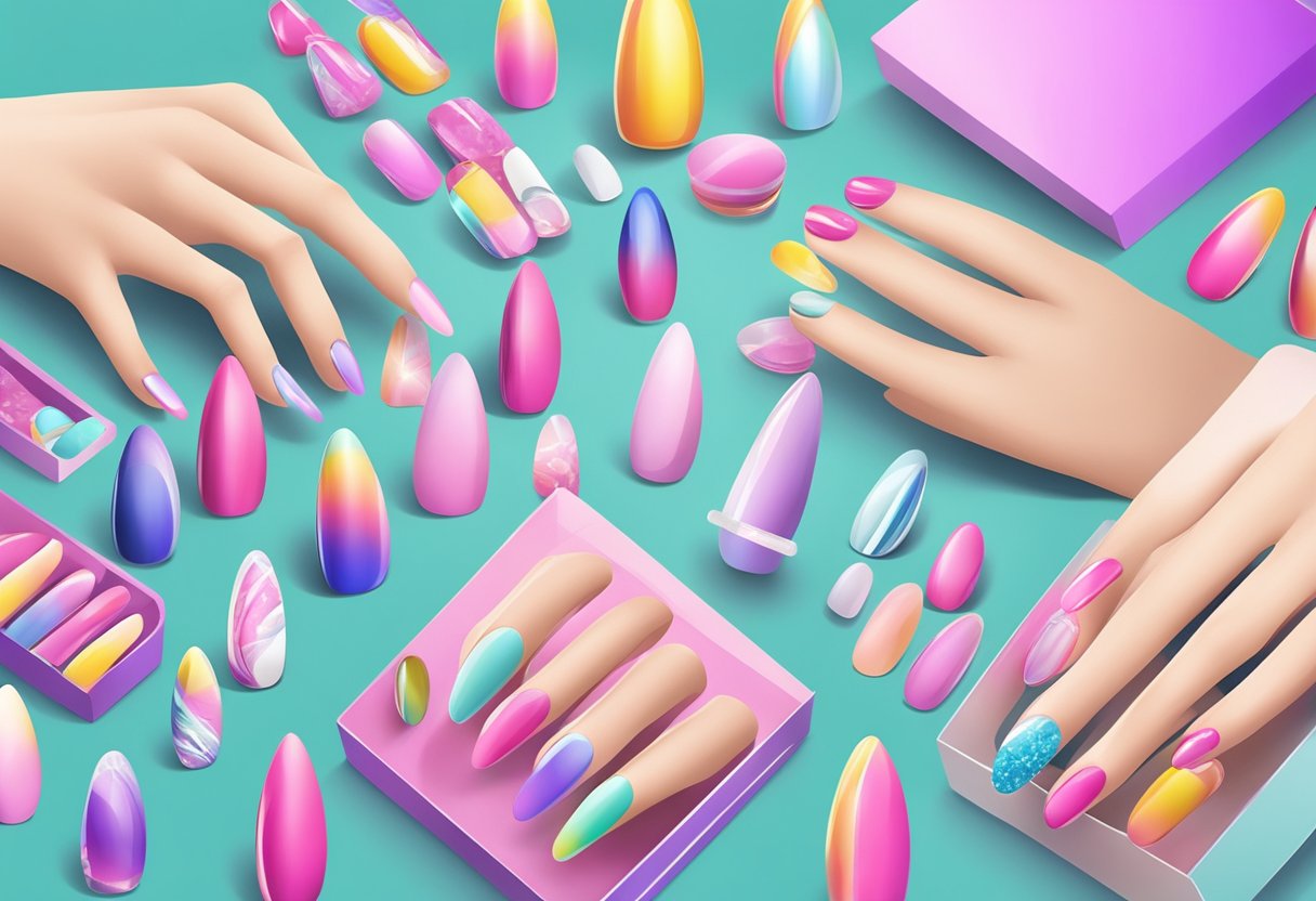 Una mano alcanzando un exhibidor de diversas tamaños y formas de uñas artificiales, con empaques coloridos y diferentes diseños