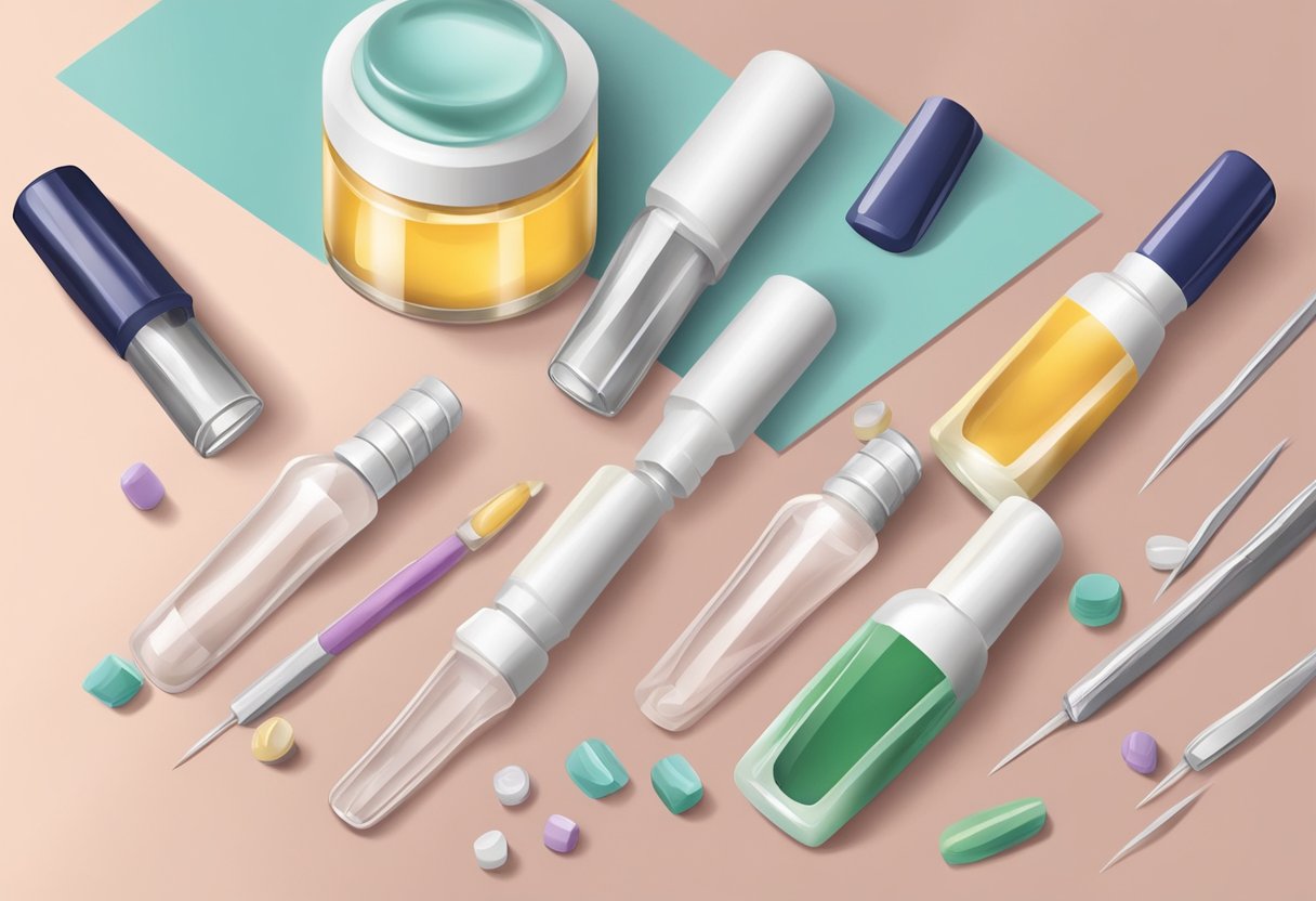 Una mano sosteniendo un frasco de pegamento para uñas al lado de un conjunto de uñas artificiales dispuestas sobre una mesa