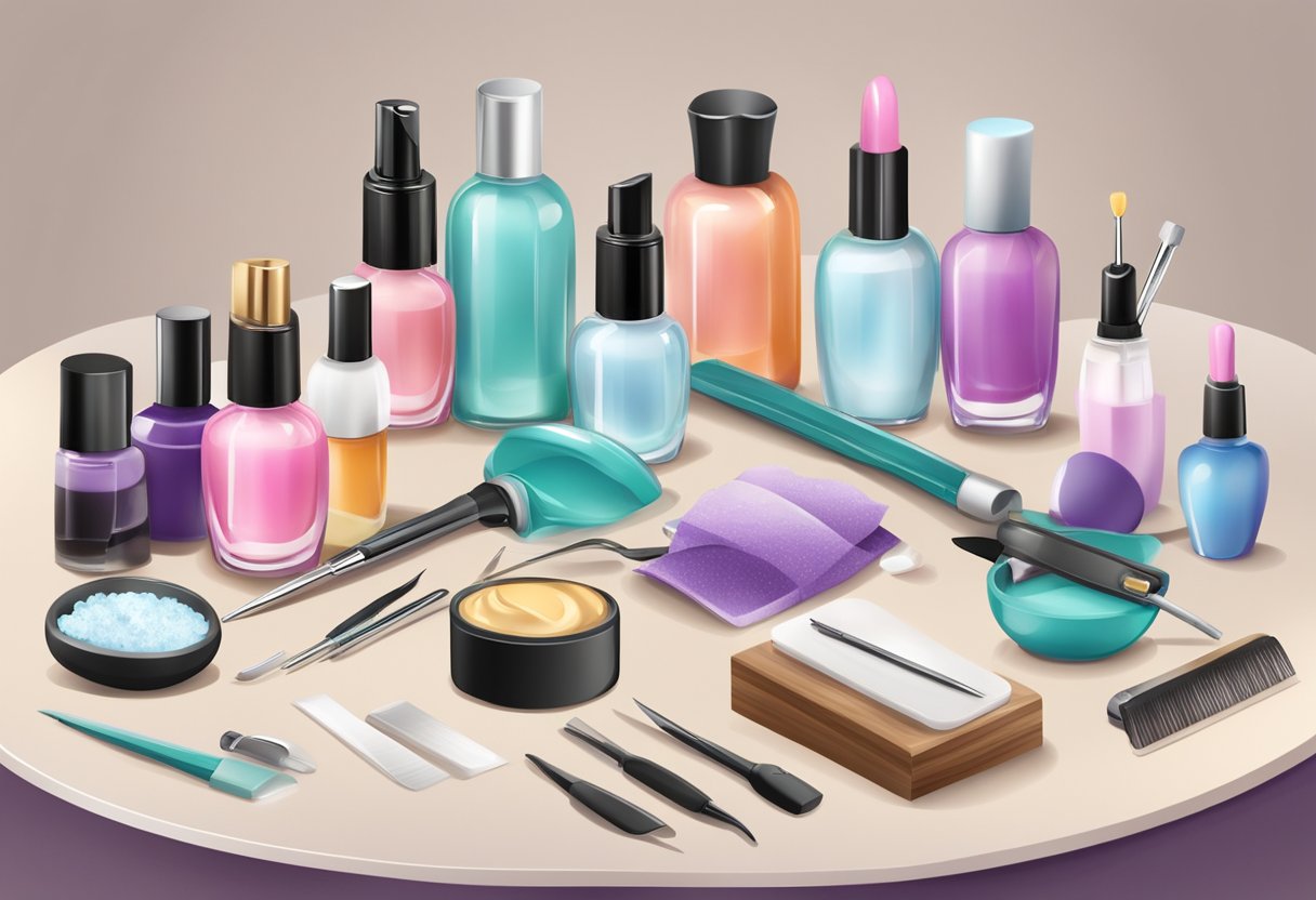 Una mesa de manicura con varias herramientas y productos para el cuidado de las uñas, incluyendo puntas de uñas, limas y botellas de esmalte.