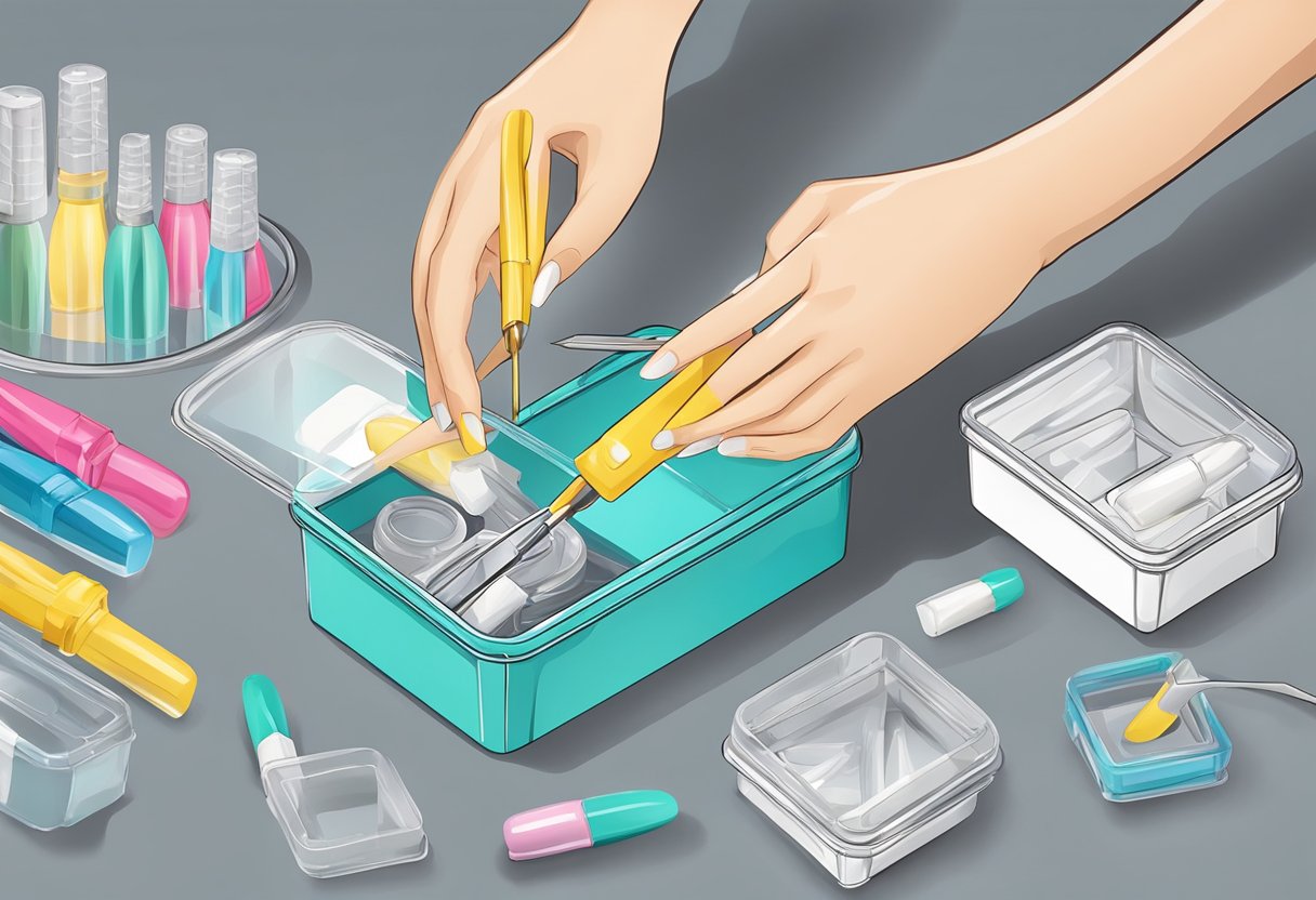 Un par de uñas postizas siendo retiradas y colocadas en un recipiente para su reutilización