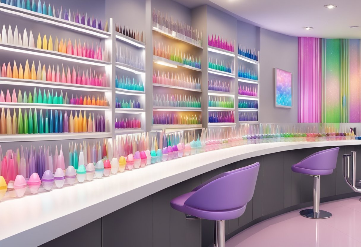 Una colorida variedad de uñas artificiales en diversas formas y diseños exhibidas en un elegante y moderno mostrador de salón de uñas