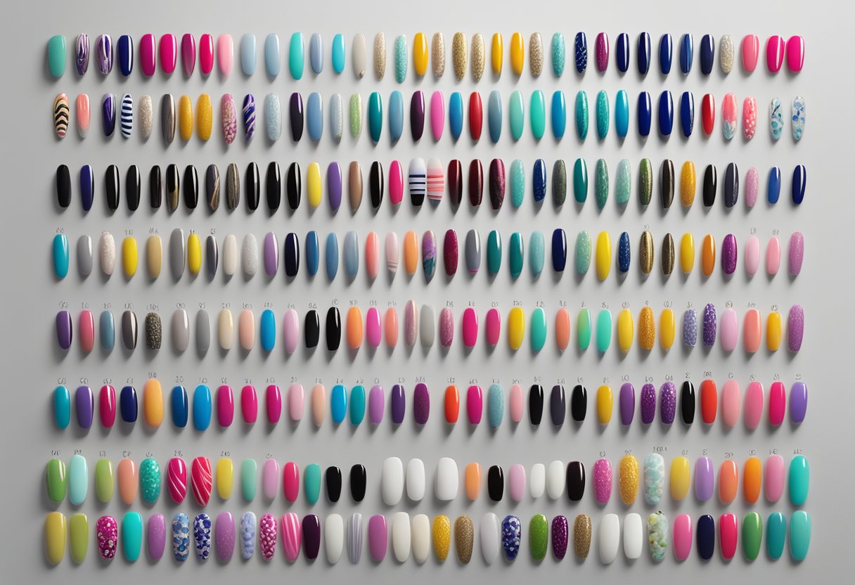 Una exhibición de varias uñas postizas en diferentes colores y diseños, con un letrero que dice "Preguntas Frecuentes Uñas Postizas" encima de ellas.